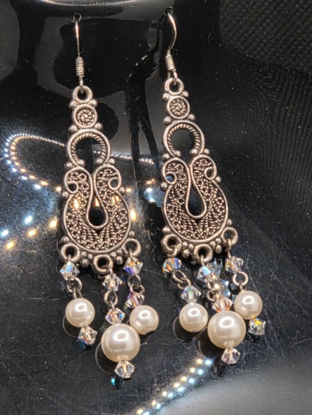 Boho Silver Filigree Chandelier Earrings w/ Pearls & AB Crystals